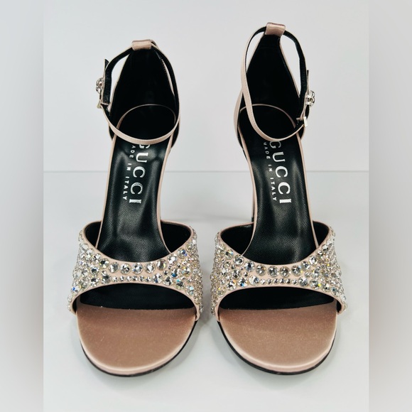 Gucci Crystal Embellished Skin Rose Satin Heel Ankle Strap Bridal Sandals EU 40 - Picture 4 of 10